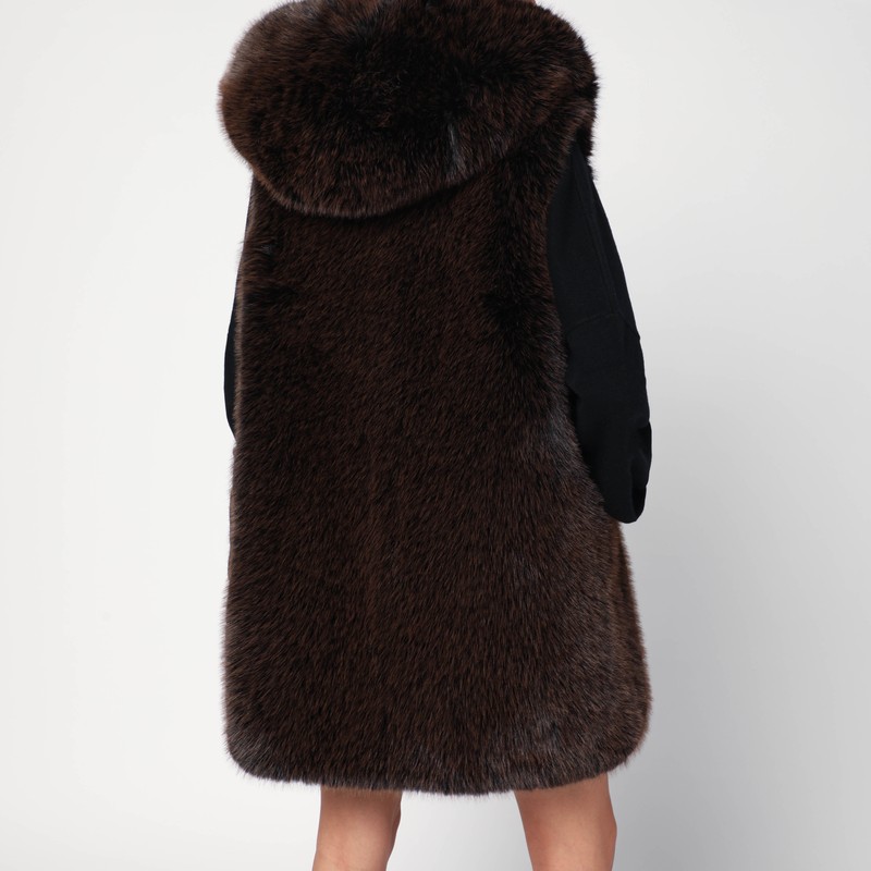 Sword 6.6.44 Brown Faux Fur Gilet With Hood In Brown