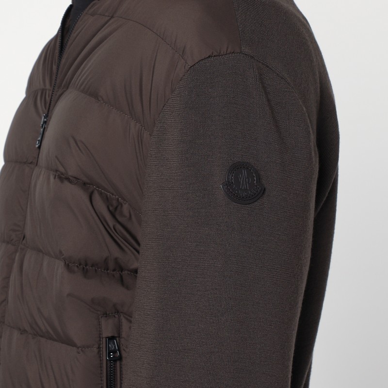 Moncler Cardigan With Padded Nylon Knit Sleeves In Brown