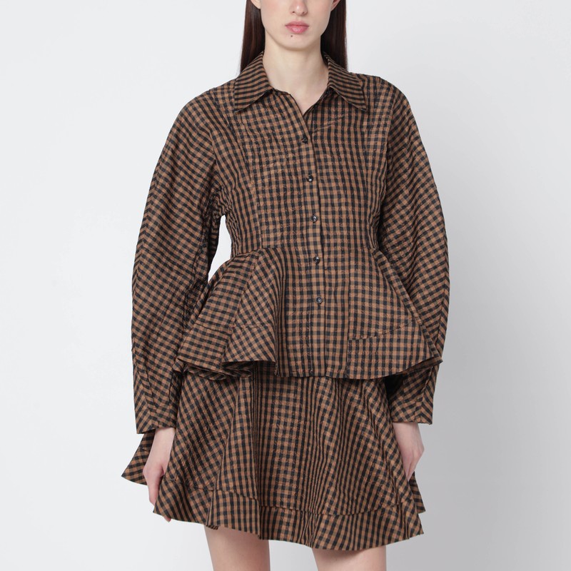 Brown/black gingham peplum shirt