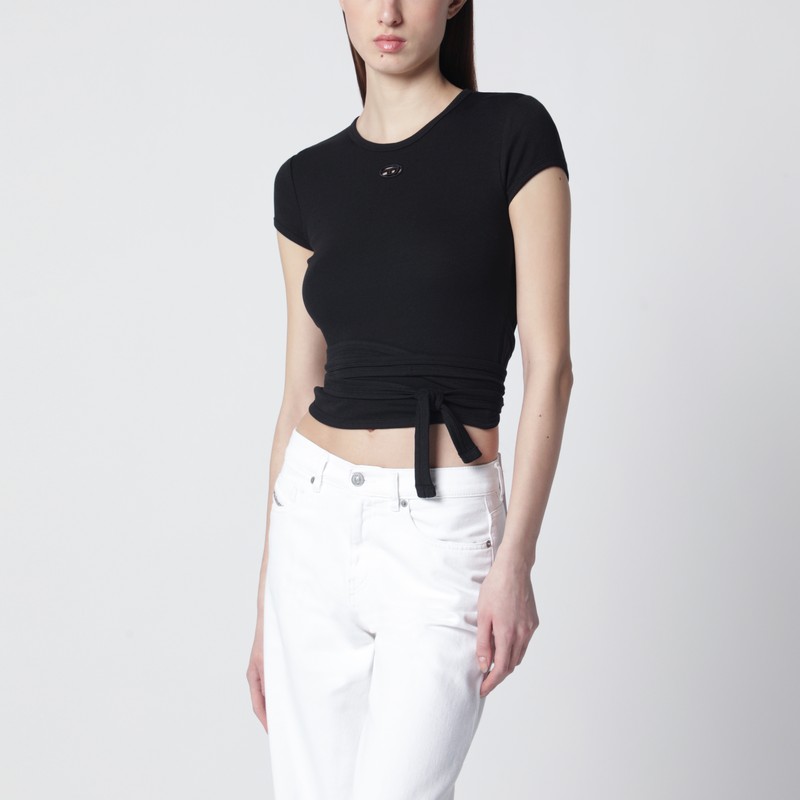 Black cropped T-shirt with crossed ribbon