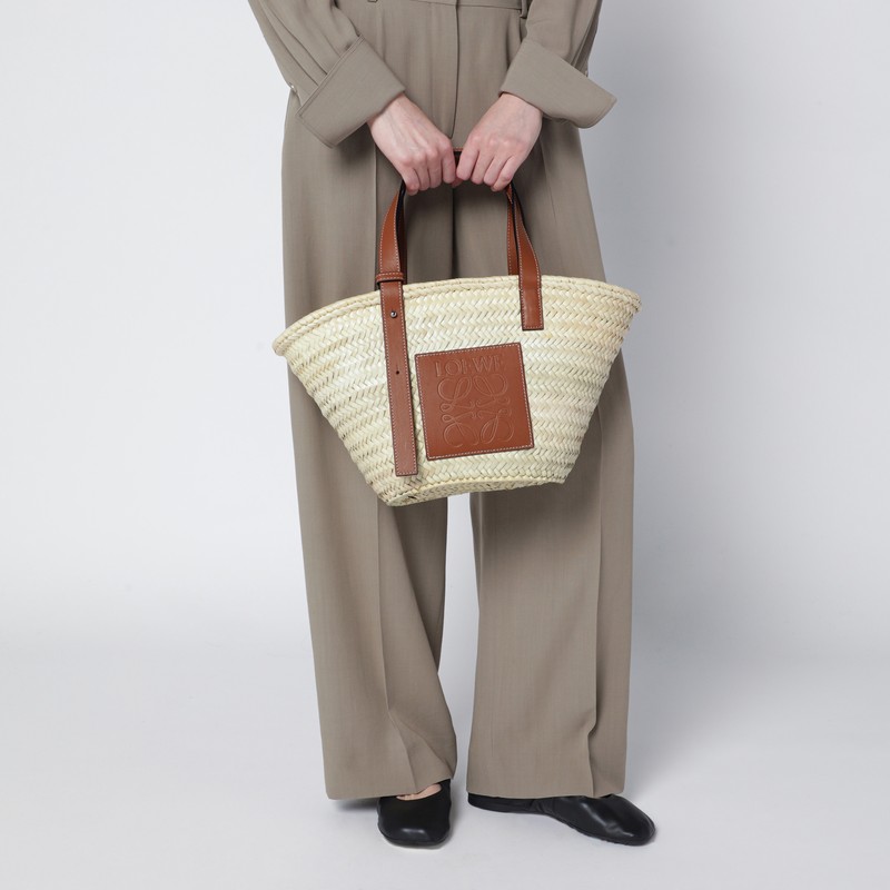 Loewe Basket Bag In Palm Leaf And Leather In Neutral