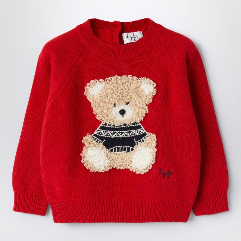 Red wool pullover with bear embroidery