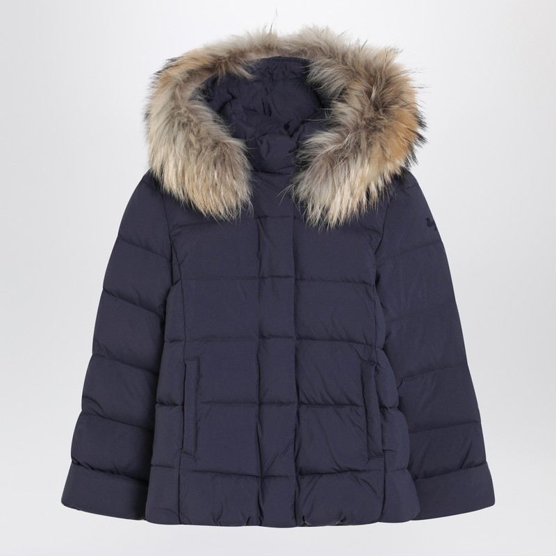Blue nylon hooded down jacket