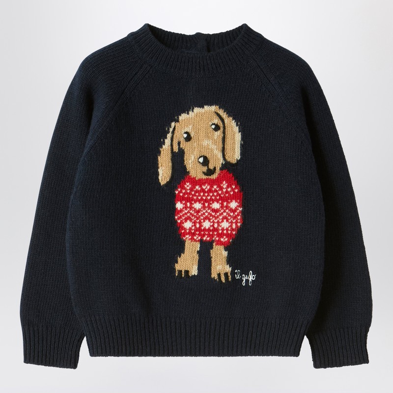 Blue wool sweater with dachshund