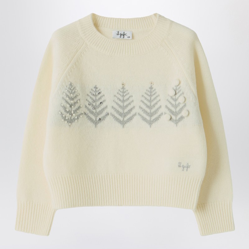 Ivory wool sweater with embroidery and rhinestones