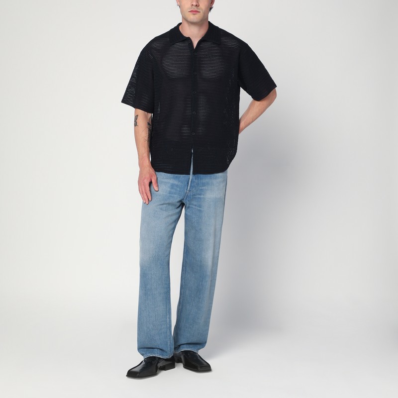 トップス AURALEE FLAT YARN MESH KNIT POLO Auralee Navy Blue Mesh Knit Polo In Black | ModeSens