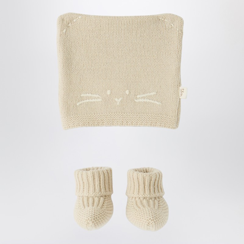 Teddy & Minou Beige Knit Set With Hat And Shoes In Nude