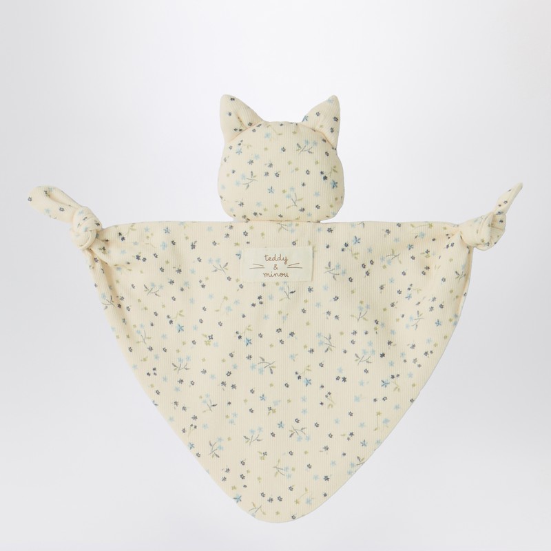 Teddy & Minou Avio Blue Floral Doudou With Kitten In Yellow