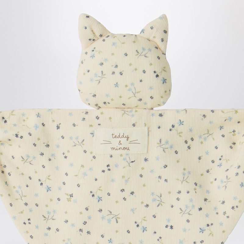 Teddy & Minou Avio Blue Floral Doudou With Kitten In Yellow