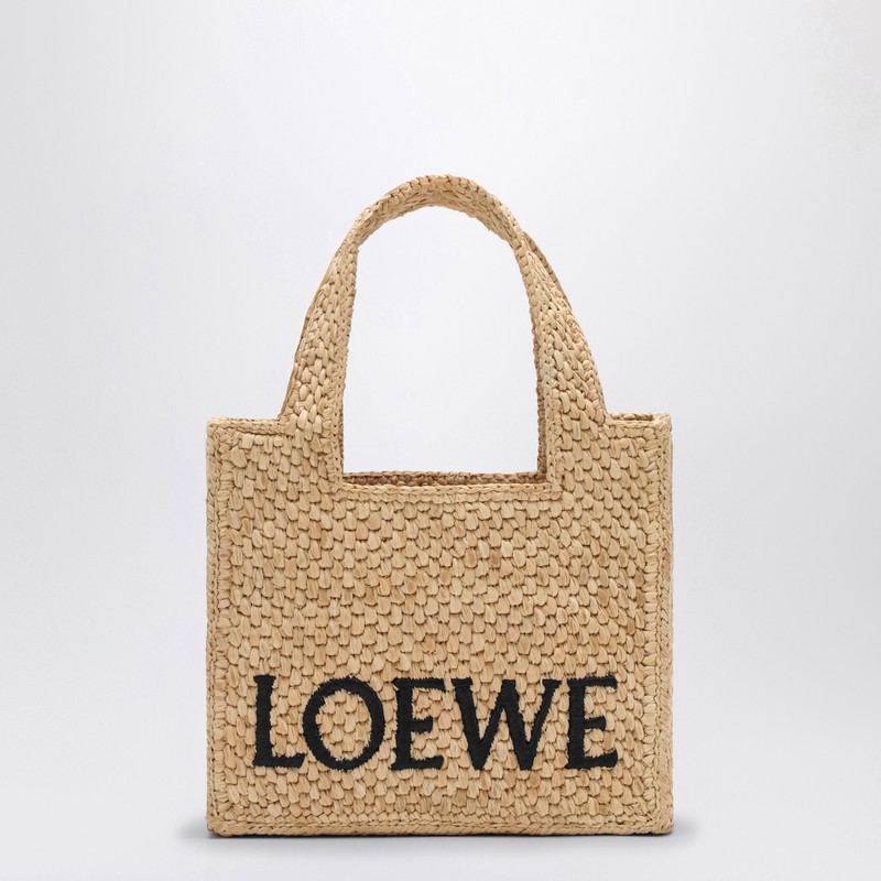 Loewe Font Tote Mini Raffia Bag In Sand