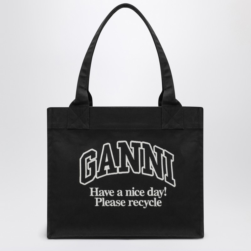 Ganni Large Black Canvas Tote Bag In Black