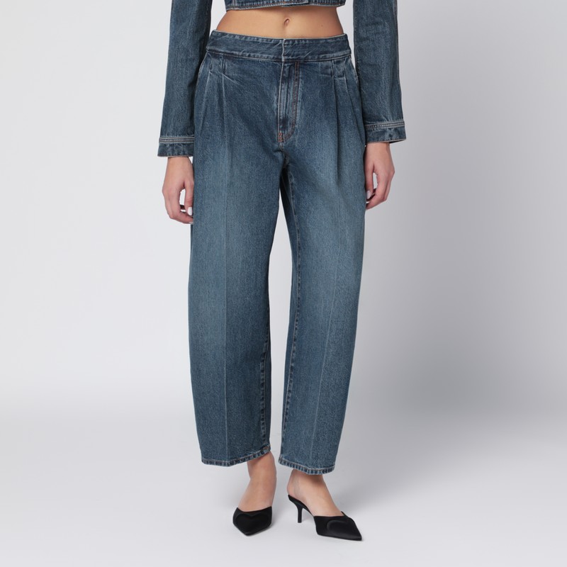 Washed denim pleated trousers