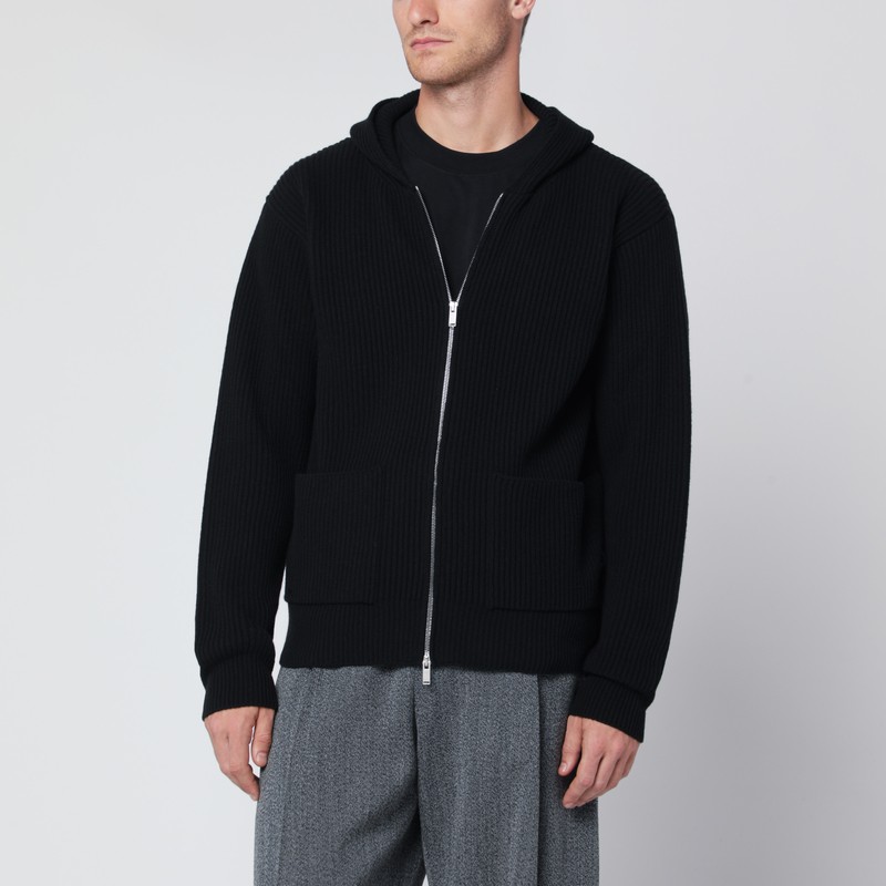 Black wool and cashmere hooded cardigan
