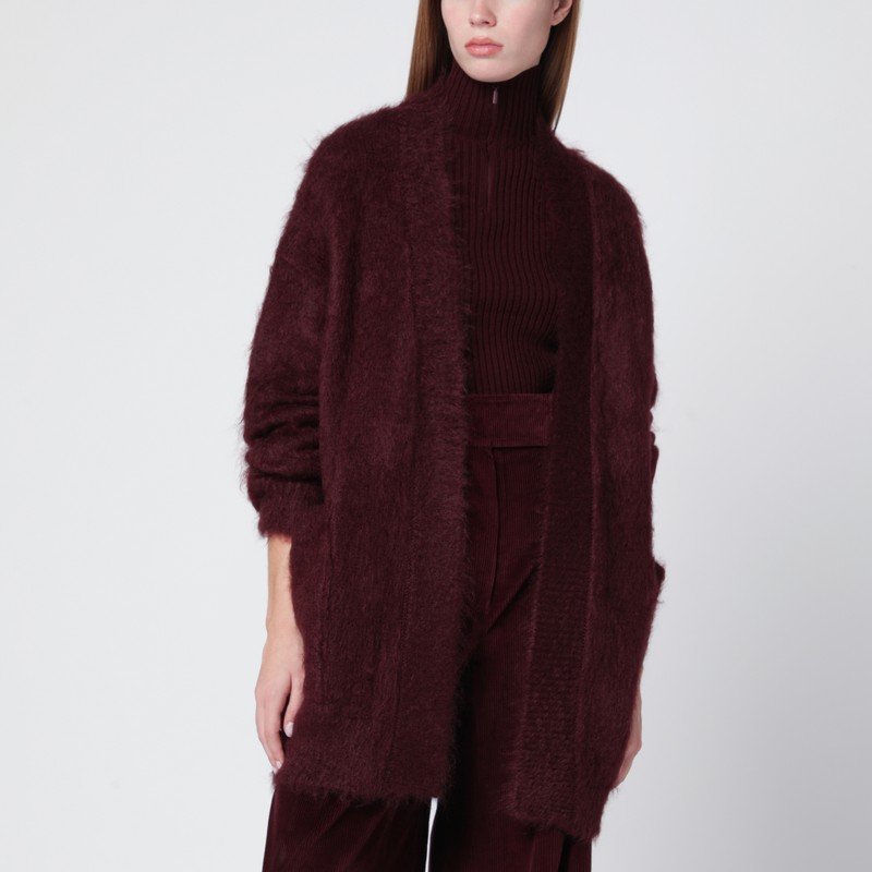 Cherry-colored shaved mohair cardigan