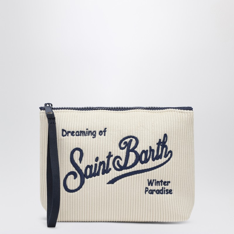 Mc2 Saint Barth White And Blue Velvet Clutch With Logo In White