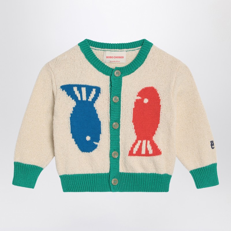Bobo Choses Lucky Fish Ivory/green Cardigan In Multicolor
