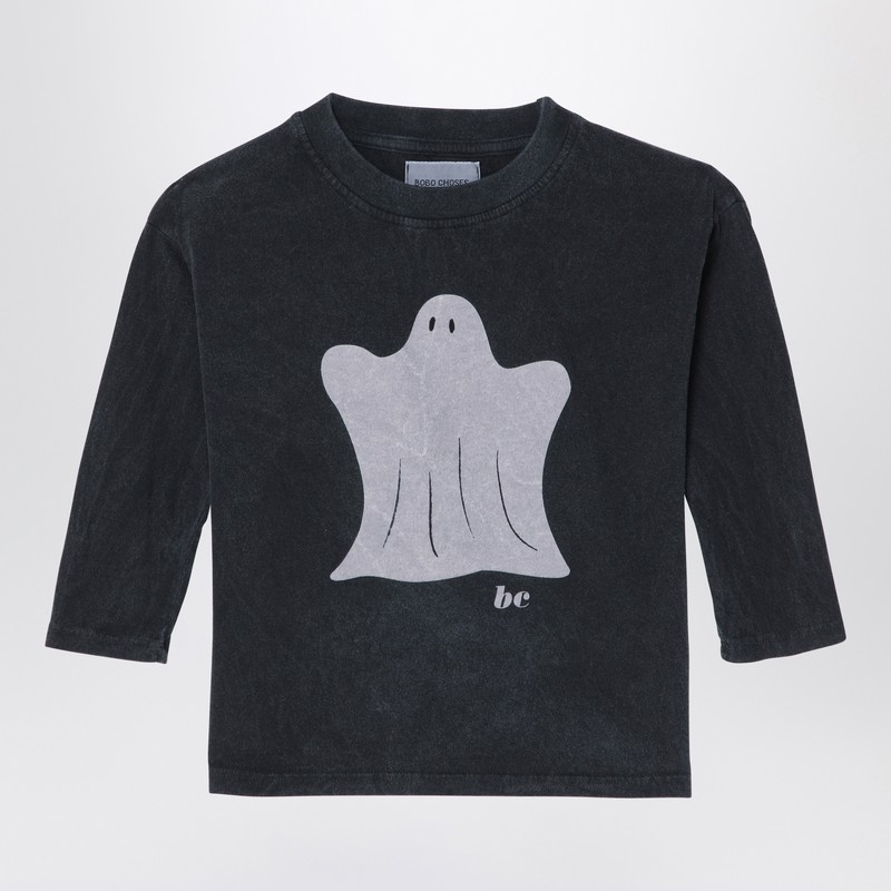 Bobo Choses Grey T-shirt For Kids With Ghost Print In Black