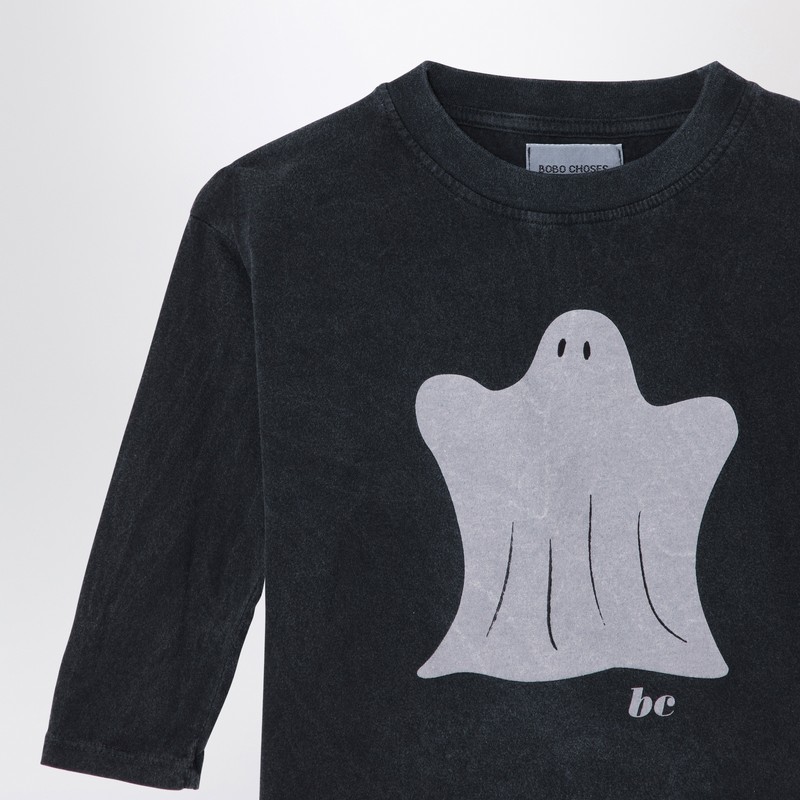 Bobo Choses Grey T-shirt For Kids With Ghost Print In Black