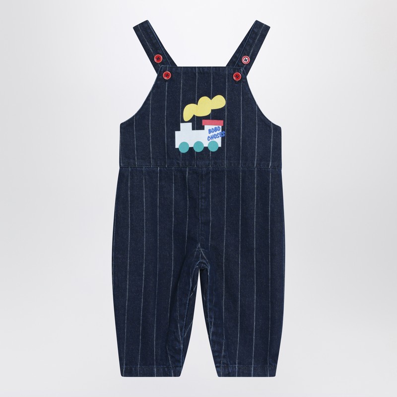 Navy blue denim overalls with train