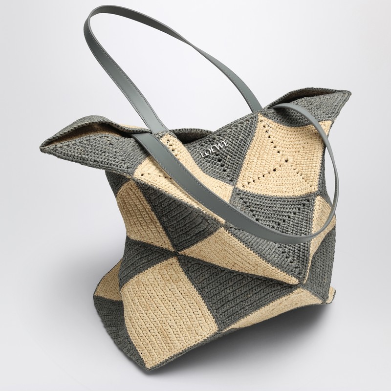 Loewe Puzzle Fold Diamond Xl Tote In Raffia In Beige
