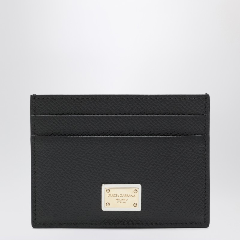 Dolce & Gabbana Black Dauphine Leather Card Holder With Logo Plaque In Black