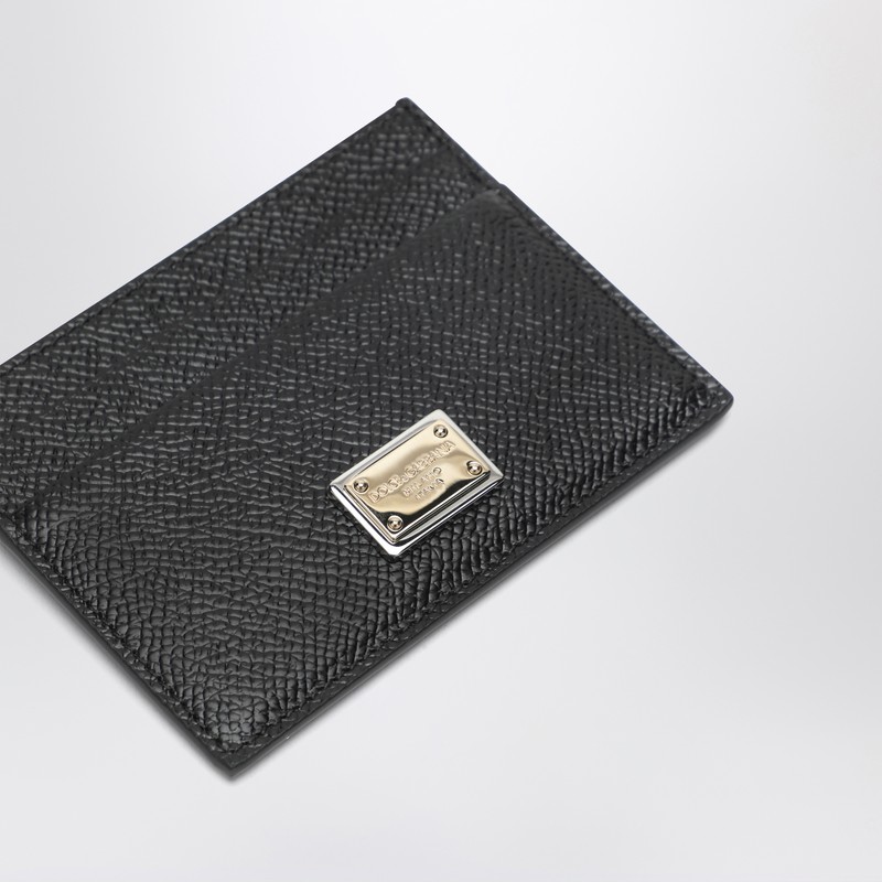 Dolce & Gabbana Black Dauphine Leather Card Holder With Logo Plaque In Black