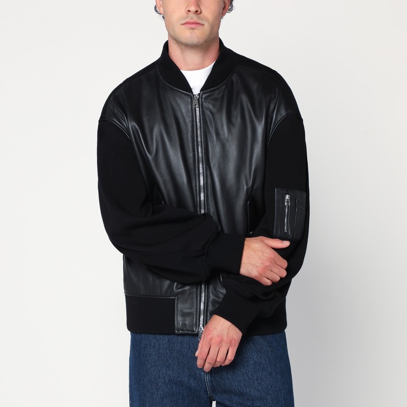 Black leather bomber jacket with wool sleeves