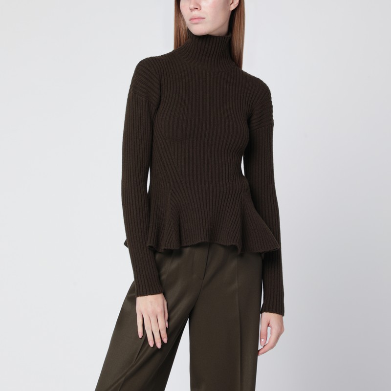 Moss green peplum turtleneck in cashmere blend