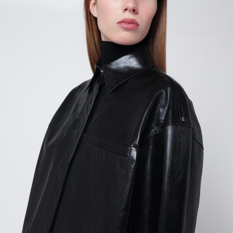Sportmax Black Leather Shirt Jacket In Black