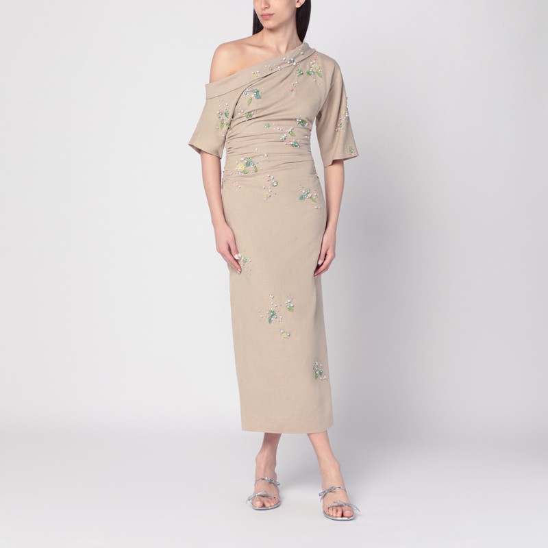 Bernadette Bowery Jewel-embroidered Cotton-linen Midi Dress In Neutral