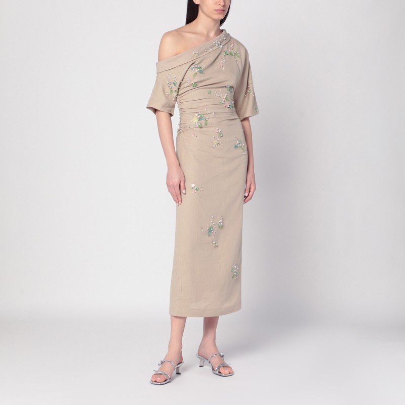 Bernadette Bowery Jewel-embroidered Cotton-linen Midi Dress In Neutral