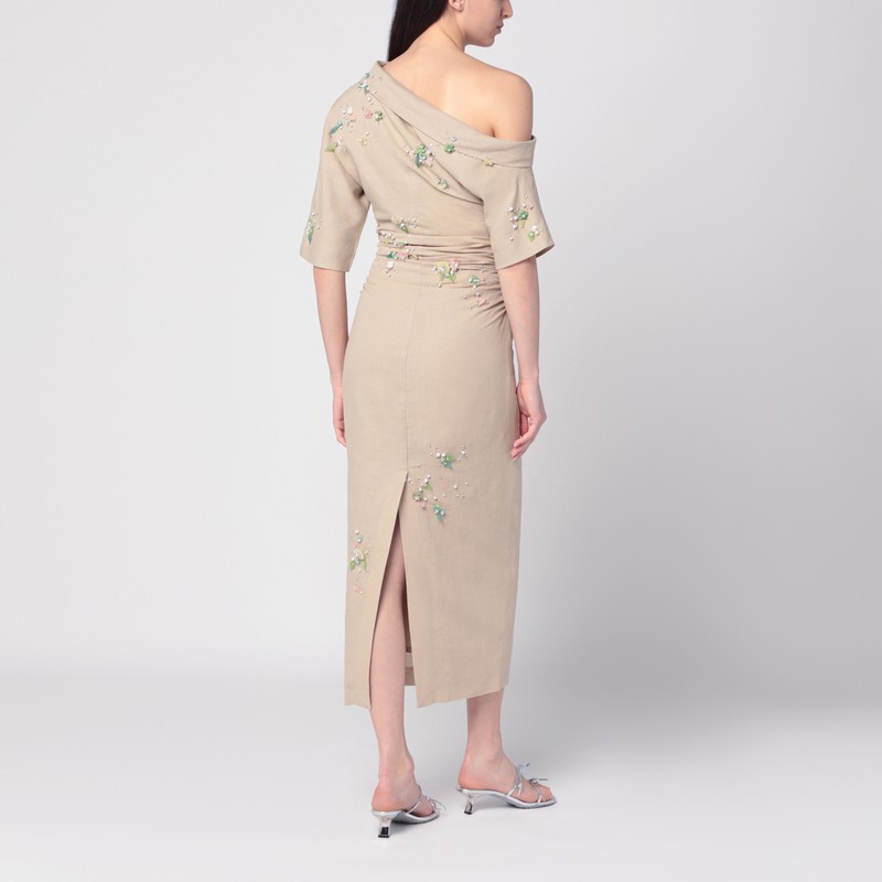 Bernadette Bowery Jewel-embroidered Cotton-linen Midi Dress In Neutral