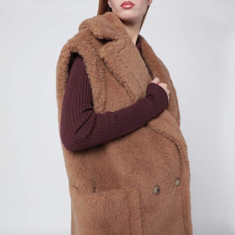 Max Mara Teddy Gilet With Oversized Lapel Collar In Brown