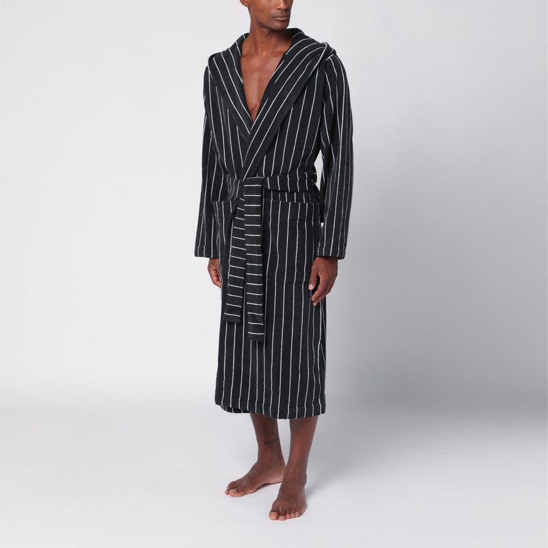 Tekla Black Bathrobe With White Stripes In Multi