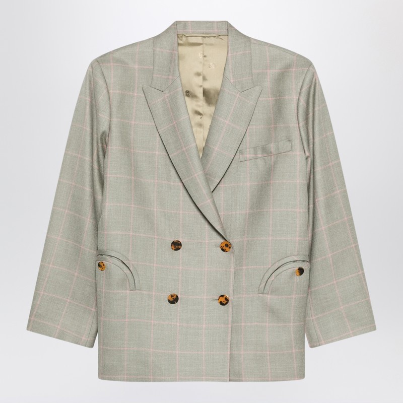 Double-breasted beige blazer with pink check pattern