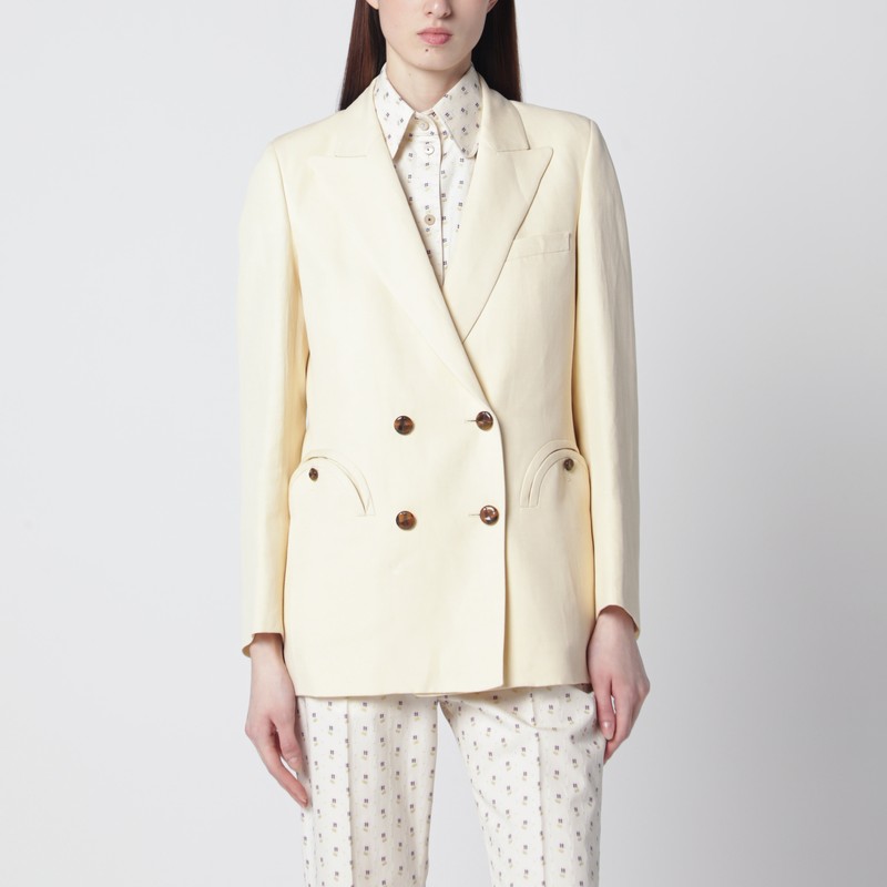 Butter-coloured double-breasted jacket in linen and silk
