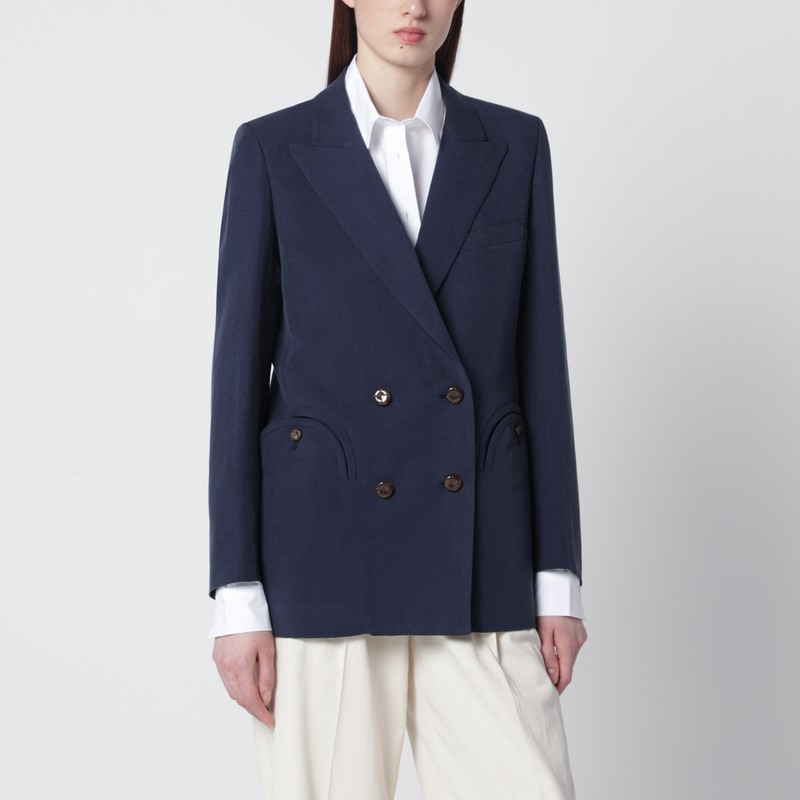 Navy blue double-breasted jacket in linen and silk