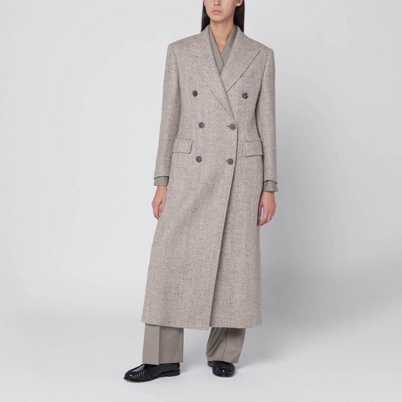 Beige double-breasted herringbone coat