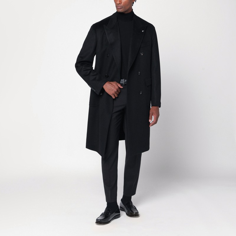 Double-breasted black wool coat