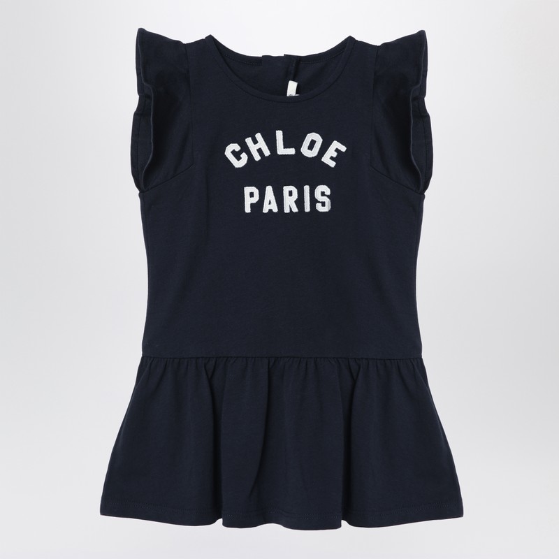 Chloé Navy Blue Cotton Dress With Logo In Blue