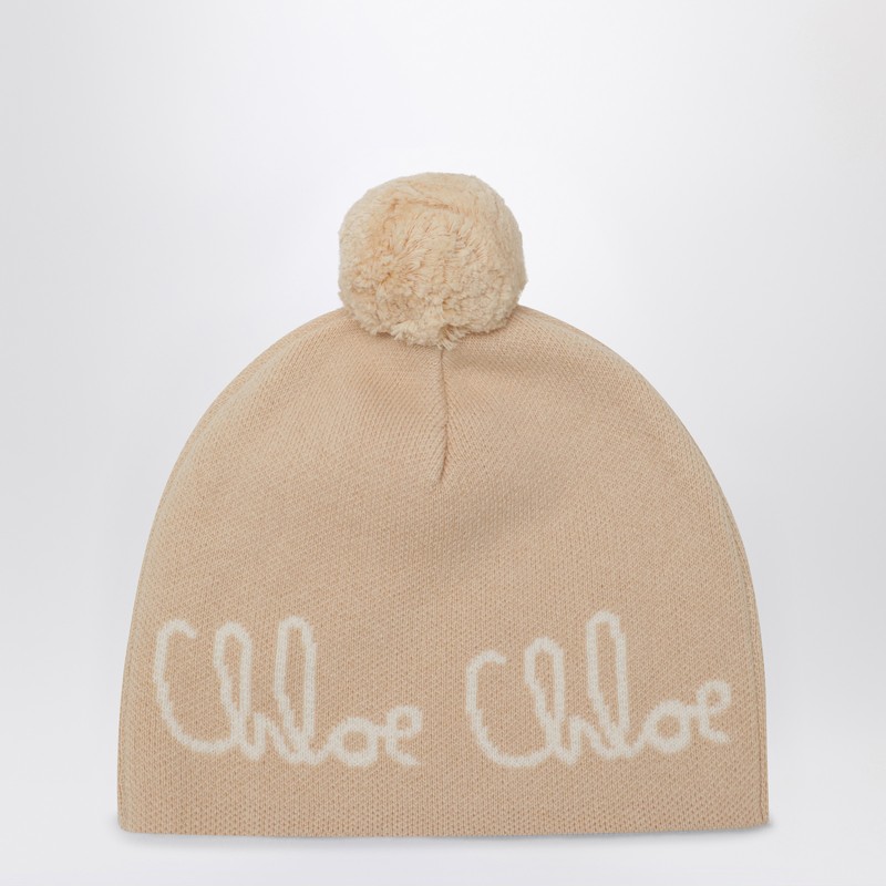 Chloé Beige Pom-pom Beanie With Logo In Neutral