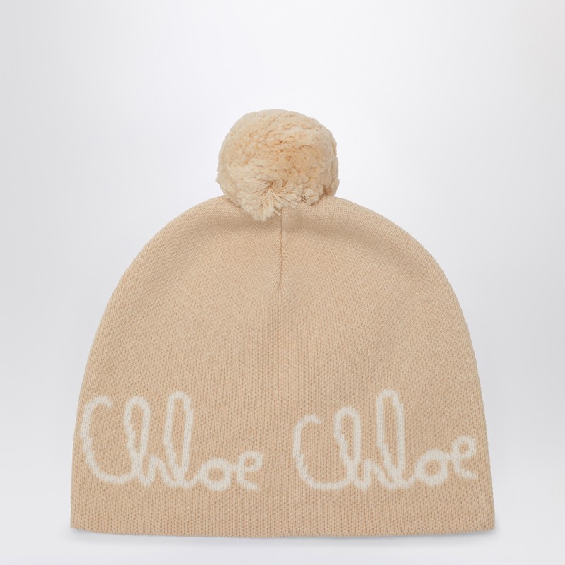 Chloé Beige Pom-pom Beanie With Logo In Neutral
