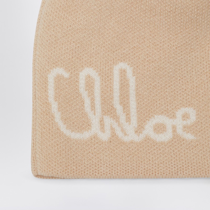 Chloé Beige Pom-pom Beanie With Logo In Neutral
