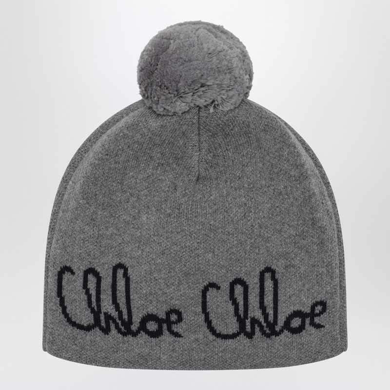 Grey pom-pom beanie with logo