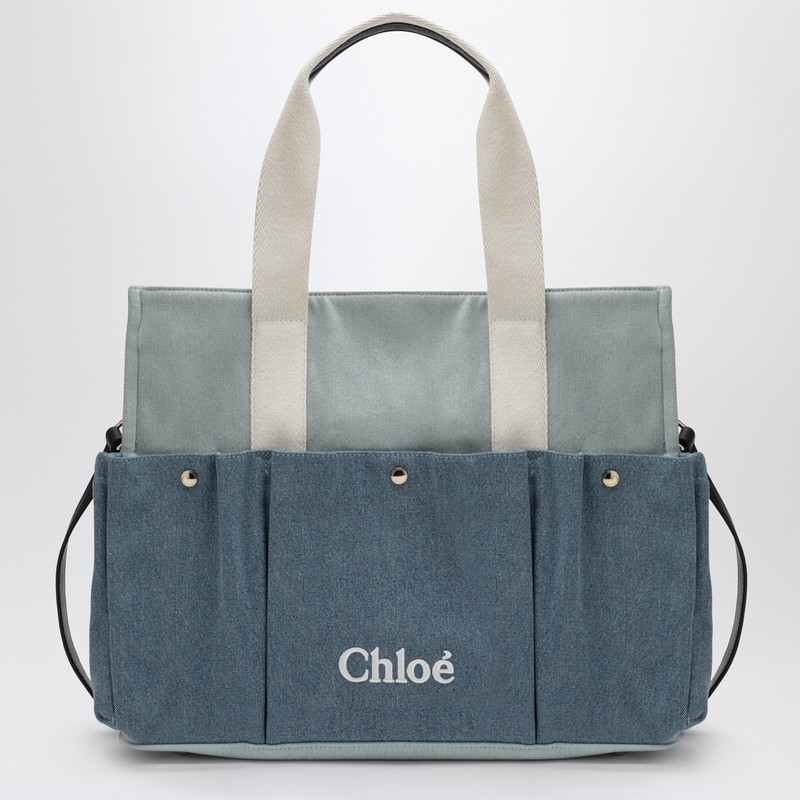 Blue denim changing bag with logo embroidery