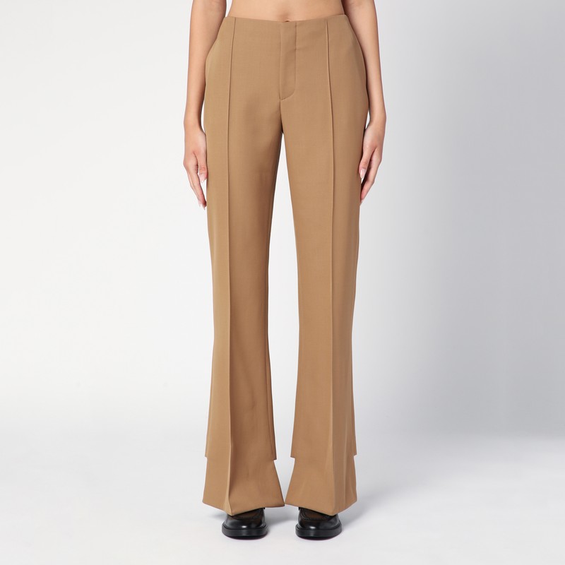 Chloé Beige Flared Pants With Asymmetric Hem In Grain De Poudre Wool Woman In Brown