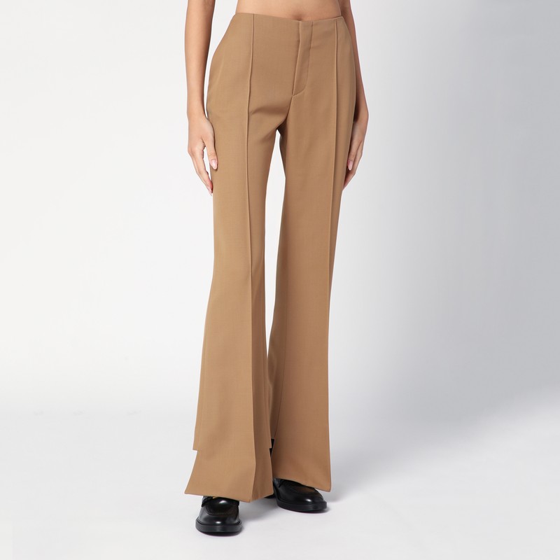 Chloé Beige Flared Pants With Asymmetric Hem In Grain De Poudre Wool Woman In Brown