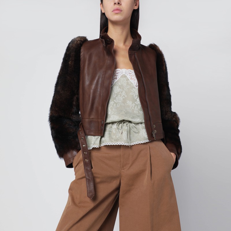 Brown cropped leather and shearling jacket