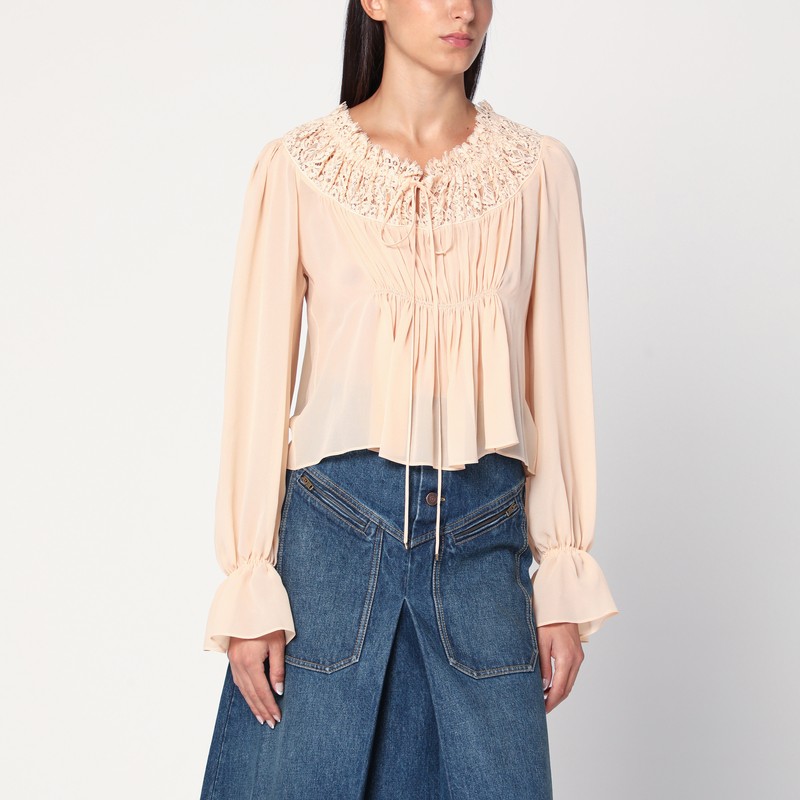 Blouse with tie in pink silk georgette