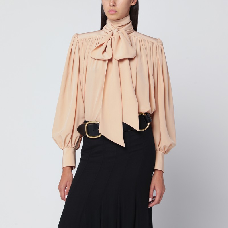 Ruched sand-coloured blouse with lavallière tie